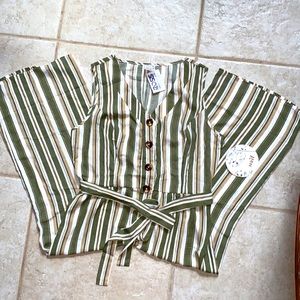 Striped button down belted romper sleeveless